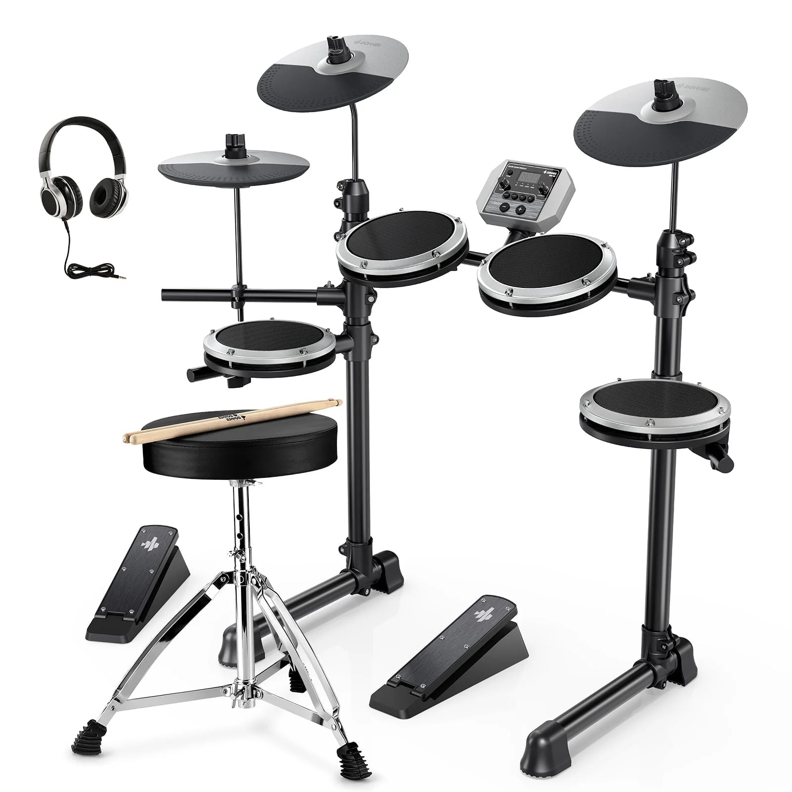 Electric Drum Set for Beginner with 180+ Sounds, Quiet Mesh Kid Child Students Electronic Drum Kit with Heavy Duty Pedals, On-Ear Headphones, DED-80 Gray