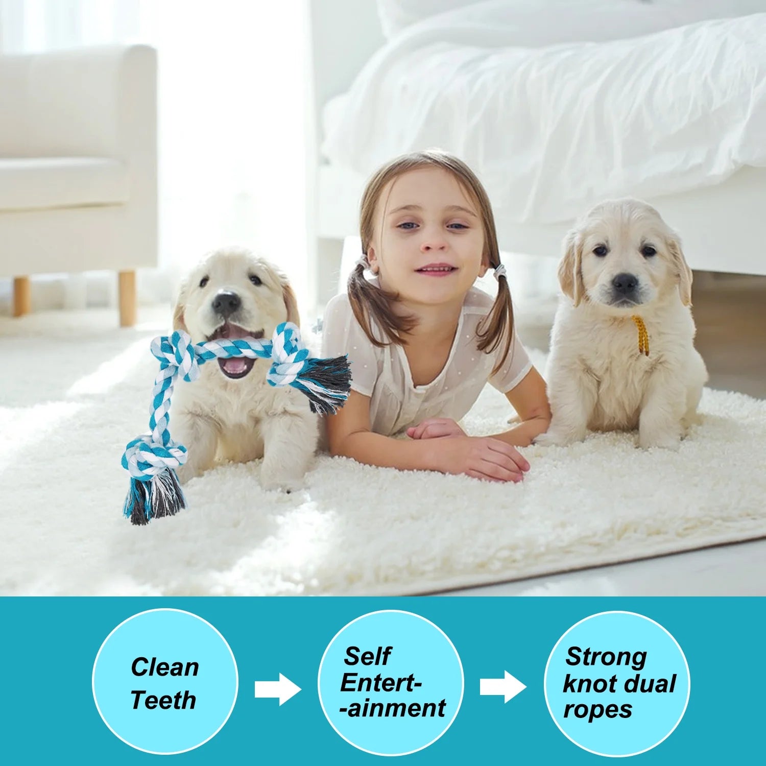 Vivifying 14 Inch Dog Rope Toys, Gift for Pets Dog Chew Toys Durable Braided Cotton Pet Chew Rope Toys 3 Knot Tough Rope Chew Toys for Small Dog Cat Puppy Teeth Cleaning Pink