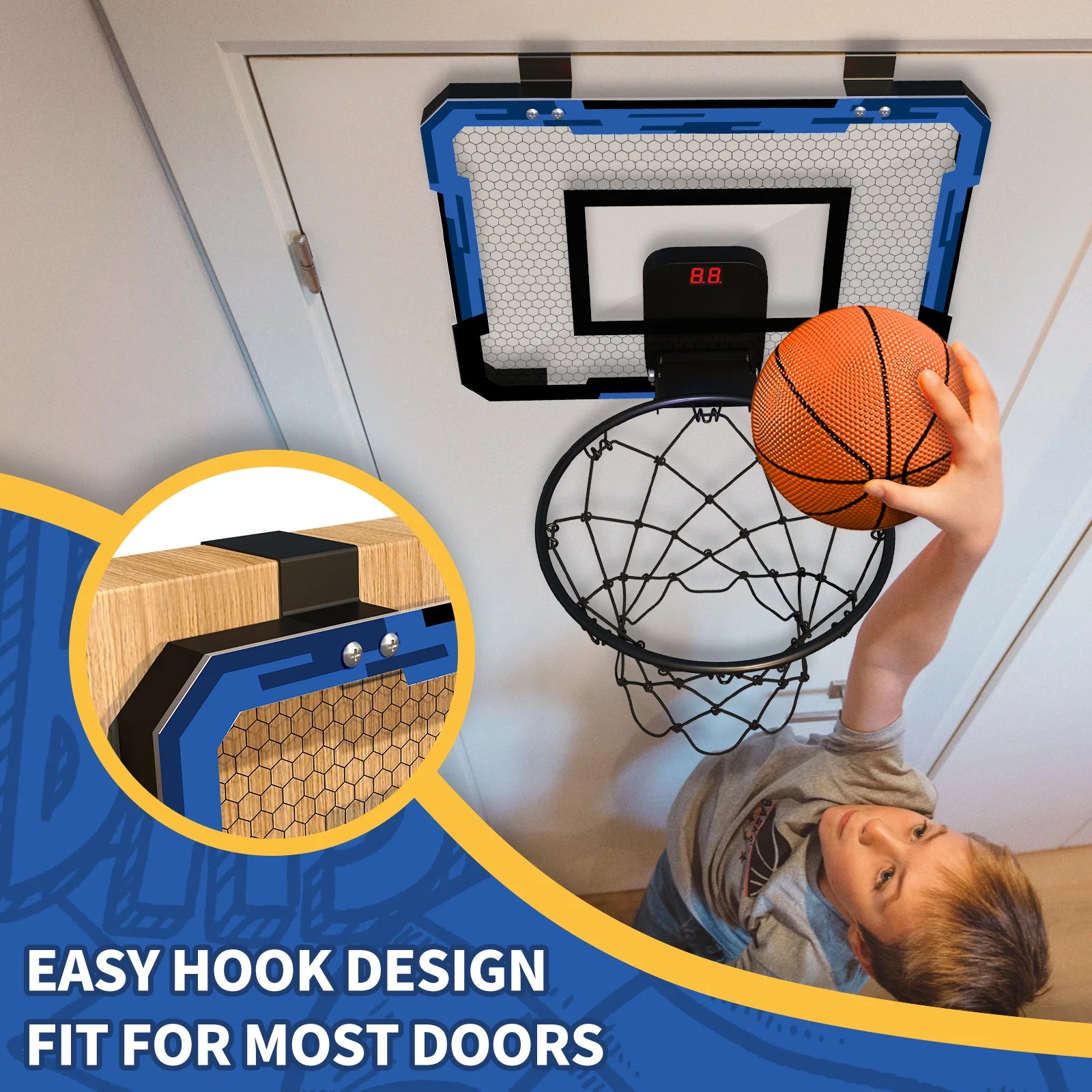 Mini Basketball Hoop with Electronic Scorer, Mini Hoop with 3 Balls/Inflator/Breakaway Rim, Basketball Toy Gifts for Kids and Adults, Suit for Indoor/Outdoor/Pool/Door, Blue